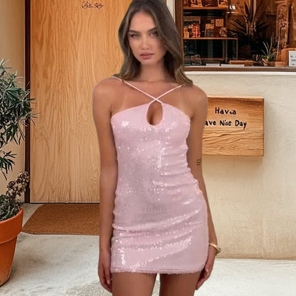 Damen Minikleid Glitzernd Trägergestaltung Tiefes Dekolleté