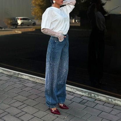 Damen Oversized T-Shirt Spitzenärmel Weiß - Norvielle