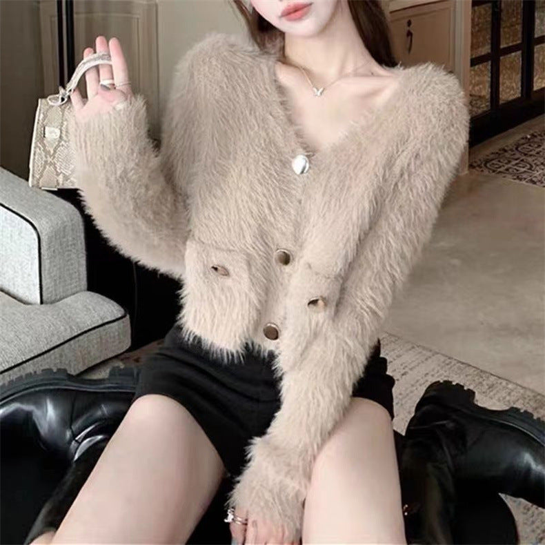 Damen Strickjacke V-Ausschnitt Flauschig Beige