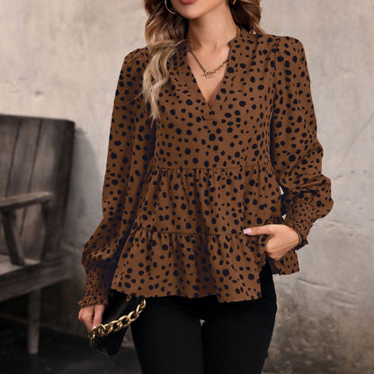 Damen Bluse aus Leinen mit Rüschendetails und Punkten Weiß