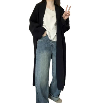 Damen Strickmantel Lang Ärmig Weich Beige