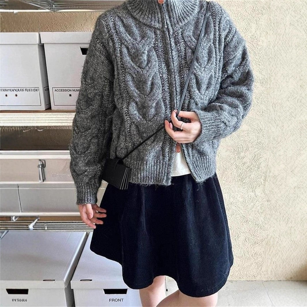 Damen Grobstrickjacke Stehkragen Zopfmuster dunkelblau