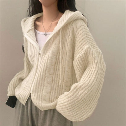 Damen Strickjacke Kapuze Dekorativer Zopfstrick Beige - Norvielle