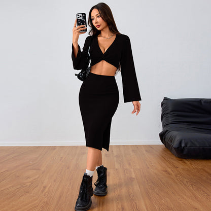 Damen Set Leichtes Crop-Oberteil Figurbetonter Midi-Rock