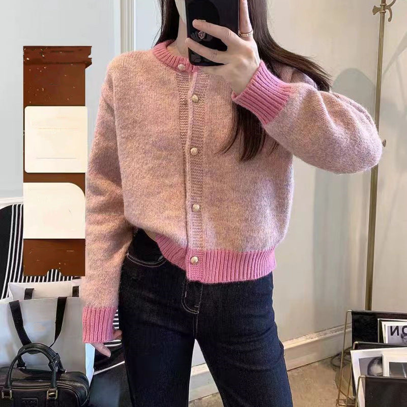 Damen Strickjacke Farbiger Bund Knöpfe Norvielle