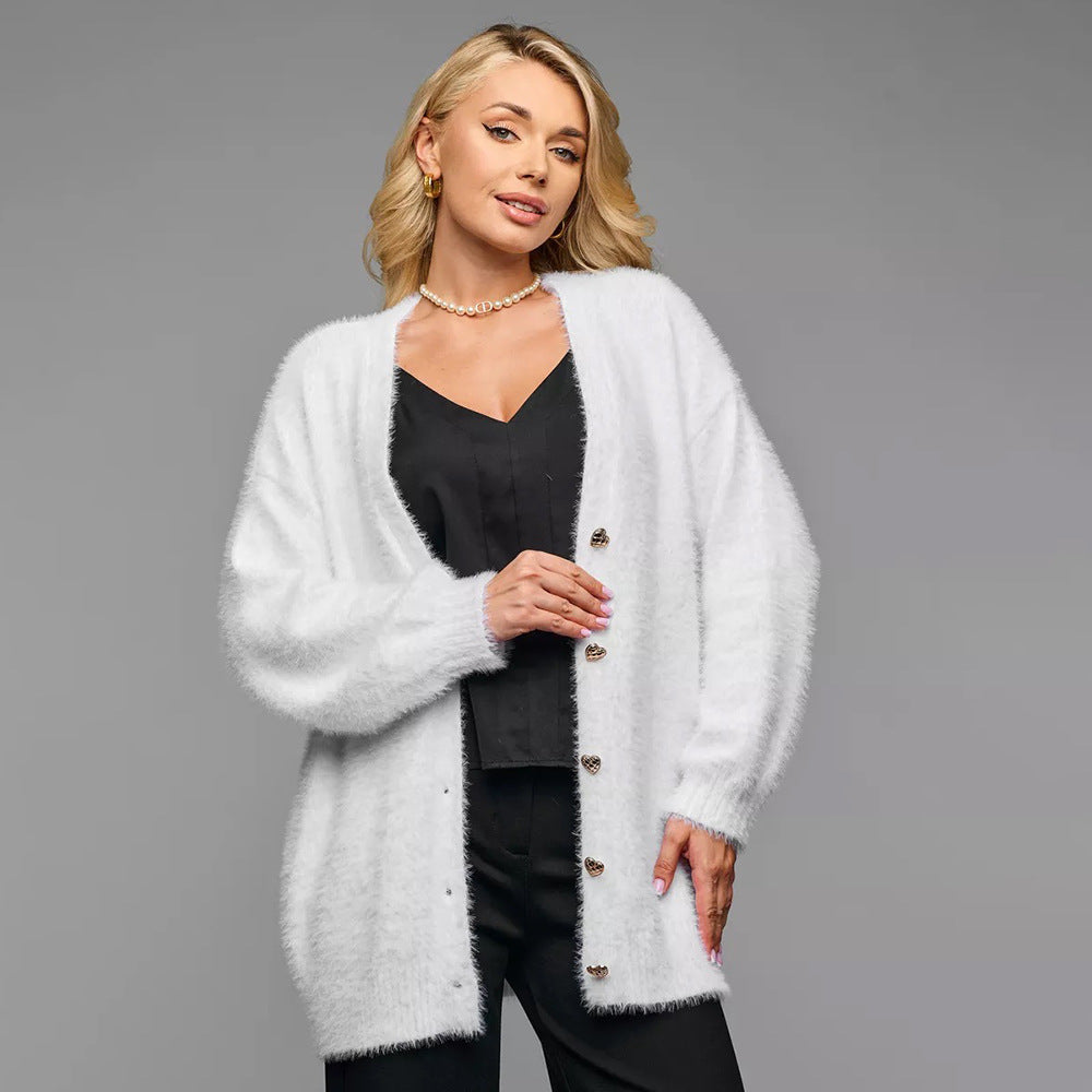 Damen Oversized Strickjacke Weiches Material Herzknöpfe Beige
