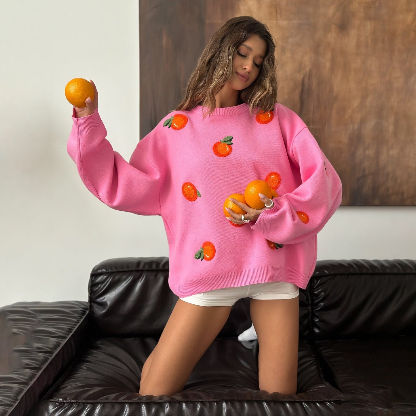 Damen Oversized Pullover Bunt Stickdetails