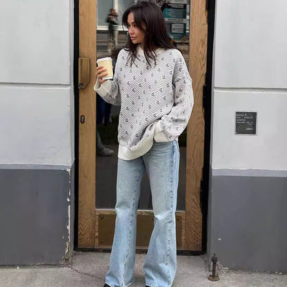 Damen Oversized Pullover Baumwolle Gemustert Beige