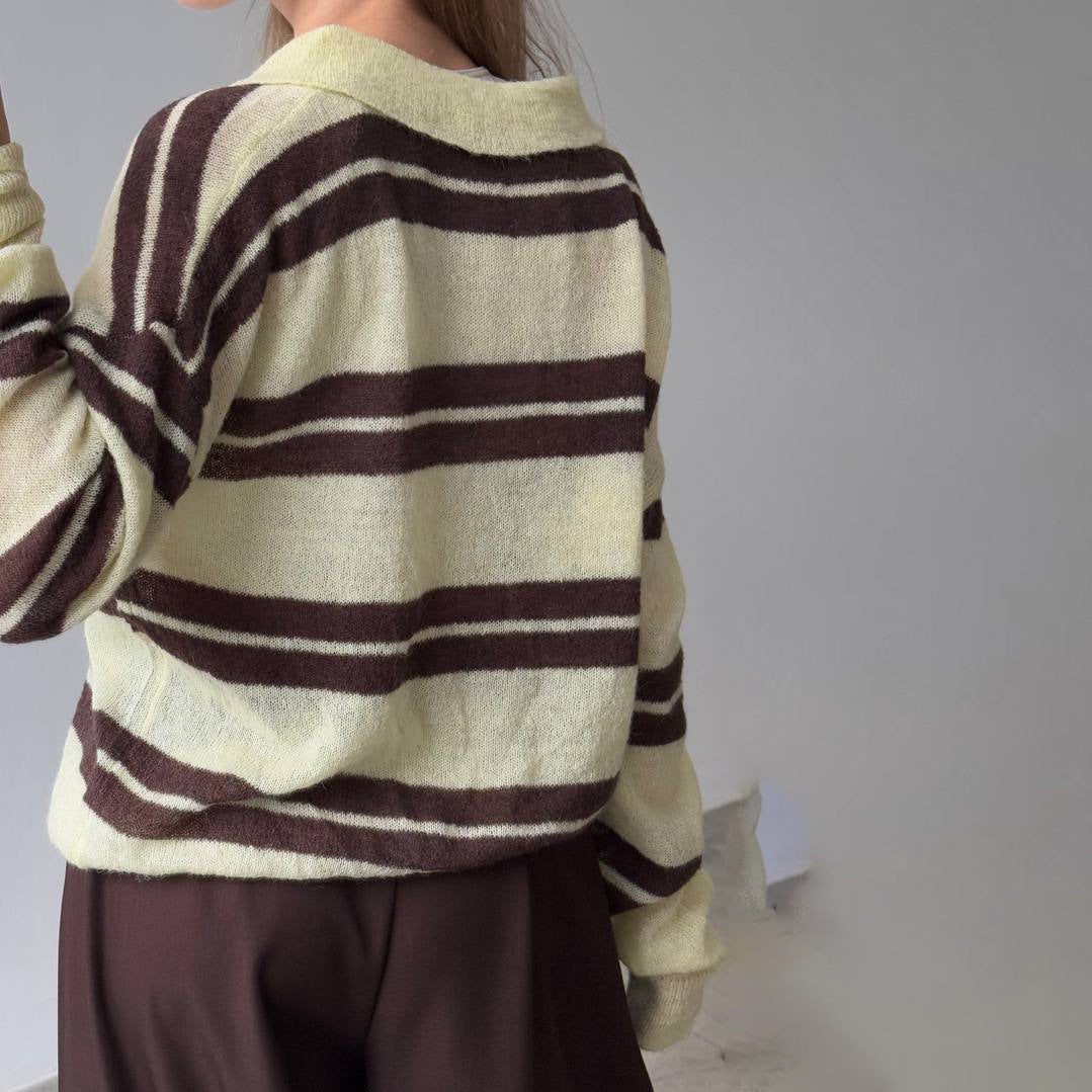 Damen Grobgestrickter Pullover Polo-Kragen Blockstreifen