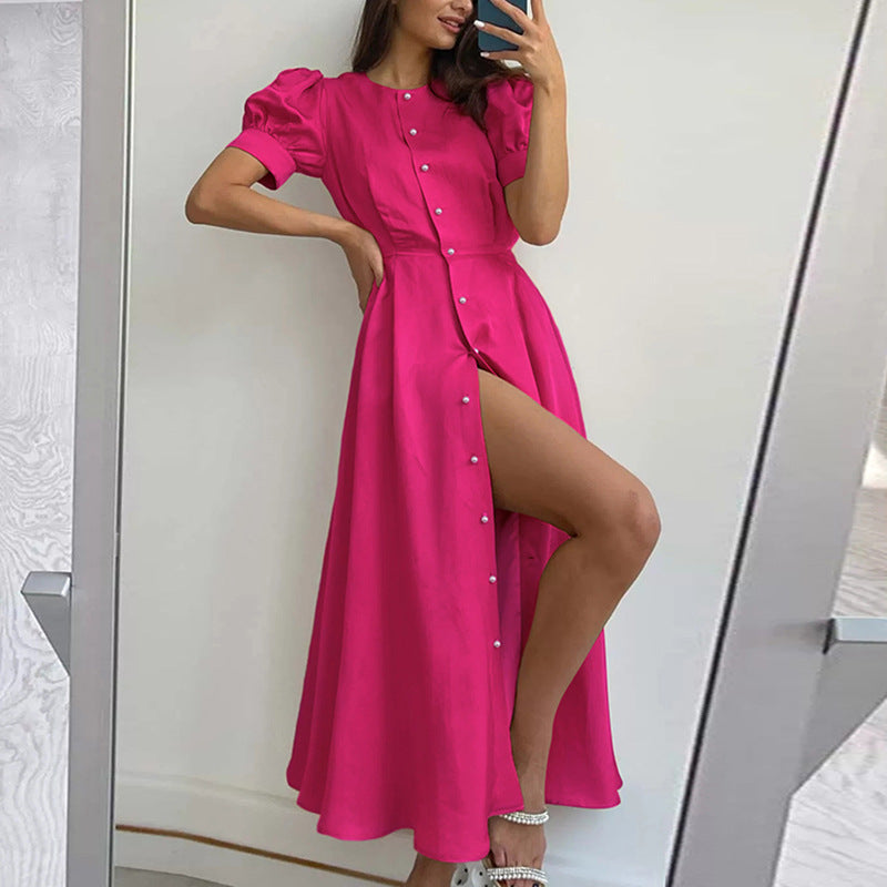 Damen Maxikleid mit Knöpfen und Seitenschlitz