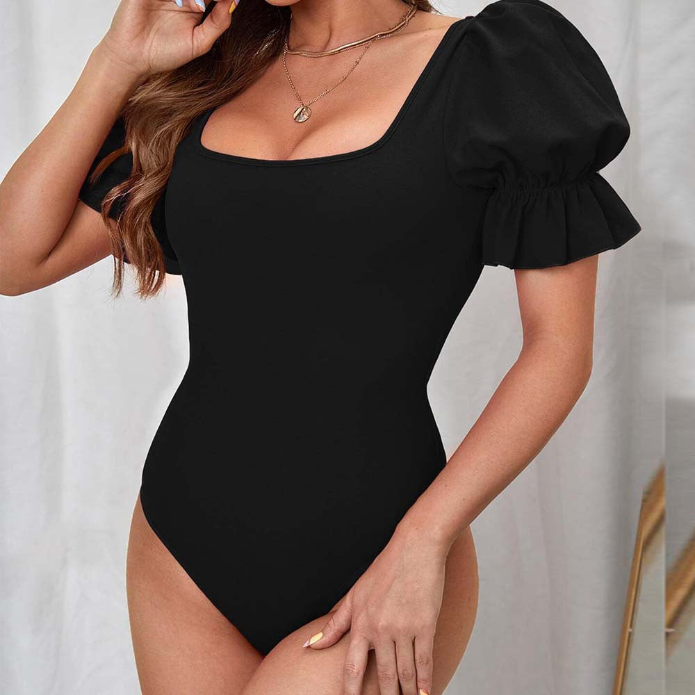 Damen Body Puffärmel Quadrat Ausschnitt