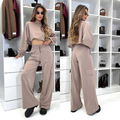 Damen Cargo Lounge Set Cropped Oberteil Bequeme Hosen Norvielle - Norvielle