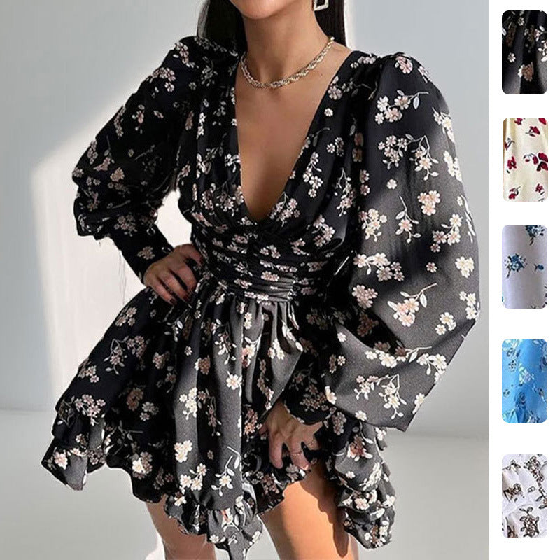 Damen Blumenkleid Voluminöse Ärmel Geraffter Rock Norvielle - Norvielle
