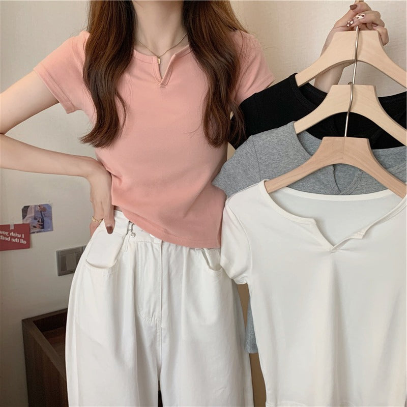 Damen T-Shirt Kurzarm V-Ausschnitt Elegantes Design Weiß - Norvielle