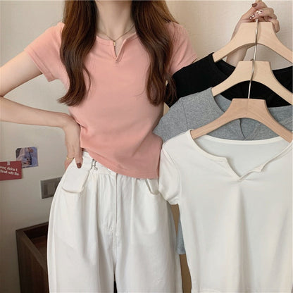 Damen T-Shirt Kurzarm V-Ausschnitt Elegantes Design Weiß - Norvielle