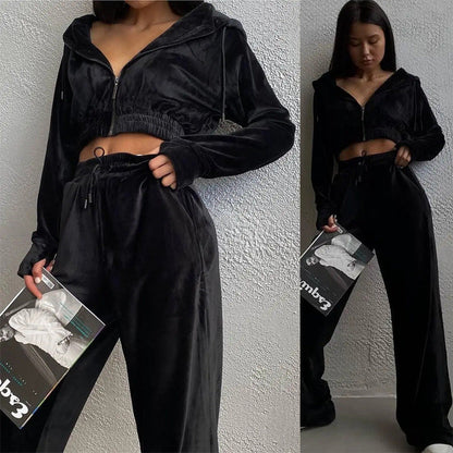 Damen Velours Hoodie Set Cropped mit Jogginghose Norvielle