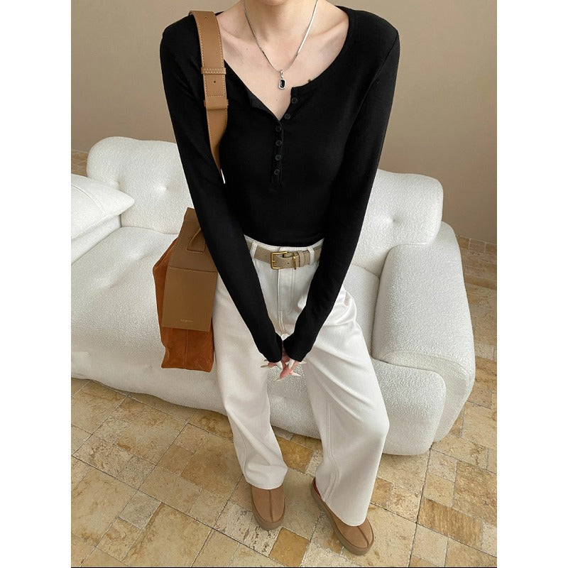 Damen Langarm Henley Shirt Feinripp Norvielle Dekorativ - Norvielle