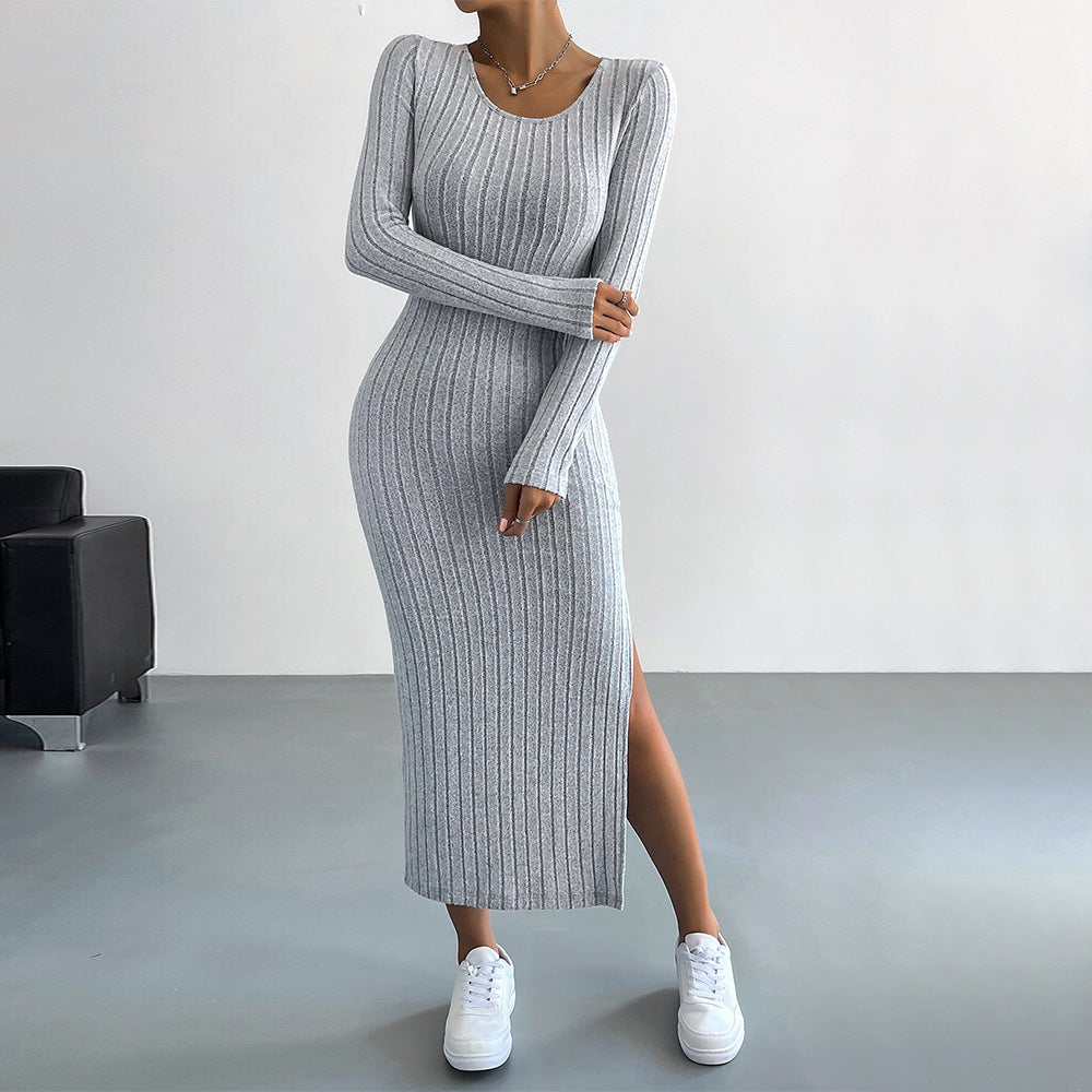 Damen Strickmaxikleid Langärmlig Mit Seitenschlitz Beige