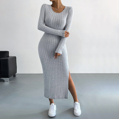 Damen Strickmaxikleid Langärmlig Mit Seitenschlitz Beige