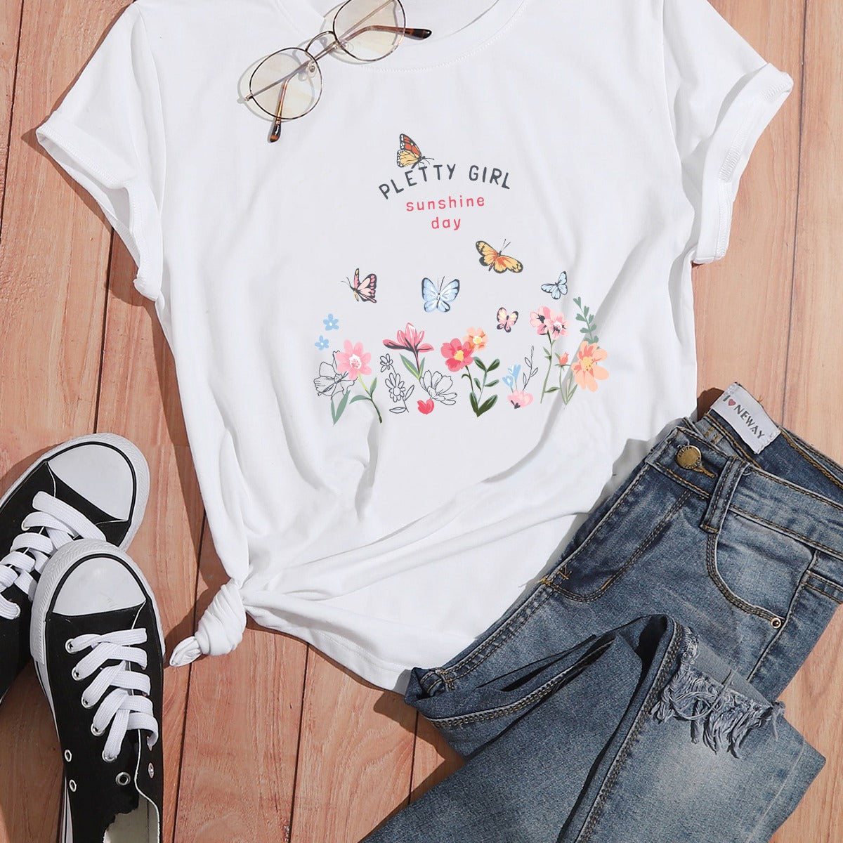 Damen T-Shirt Blumendruck Weiß
