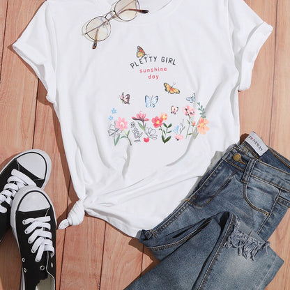 Damen T-Shirt Blumendruck Weiß