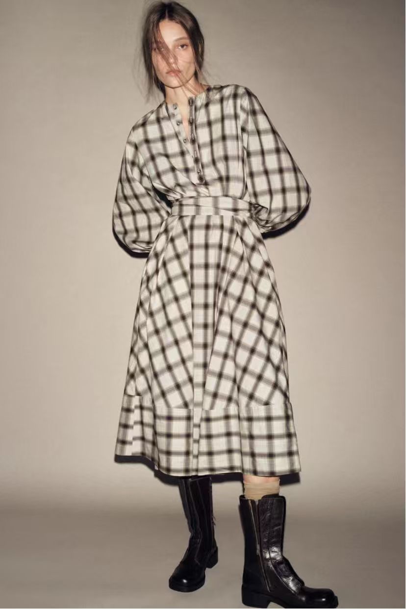 Damen Maxikleid Kariert Mit Taillengürtel Norvielle