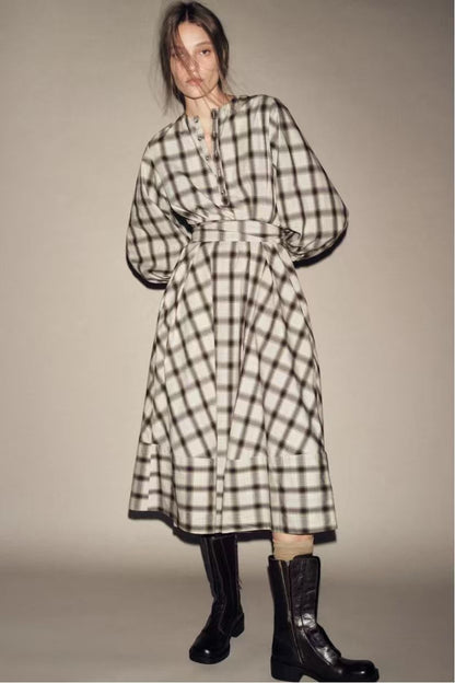 Damen Maxikleid Kariert Mit Taillengürtel Norvielle