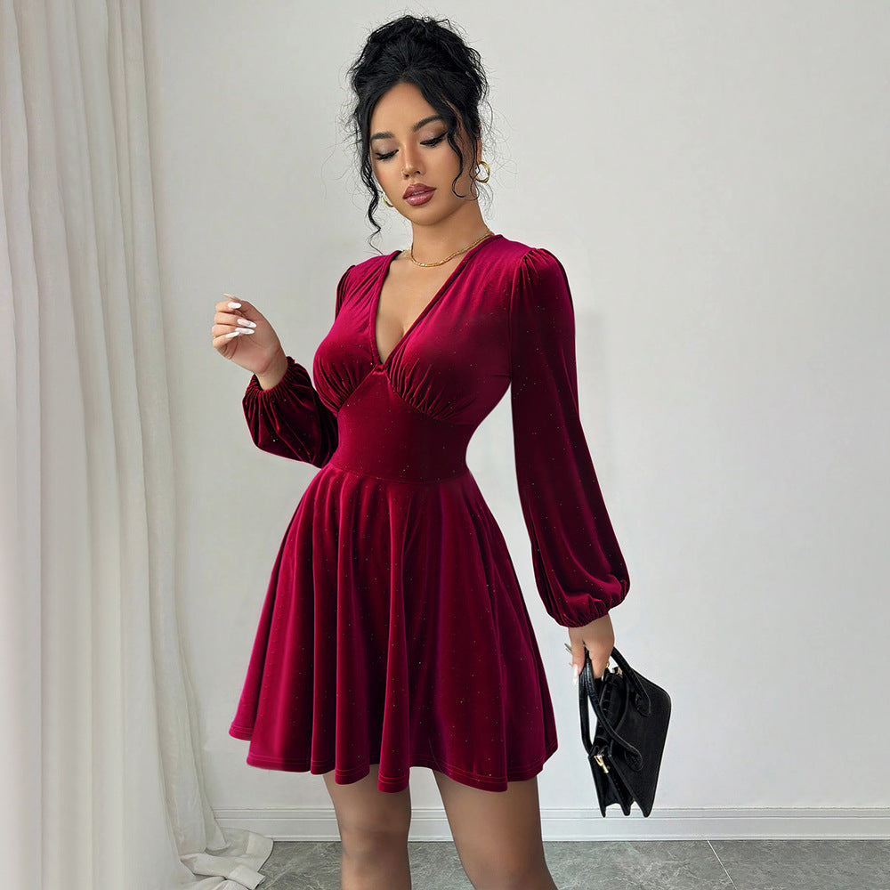 Damen Kleid Kurzarm Puffärmel V-Ausschnitt Norvielle