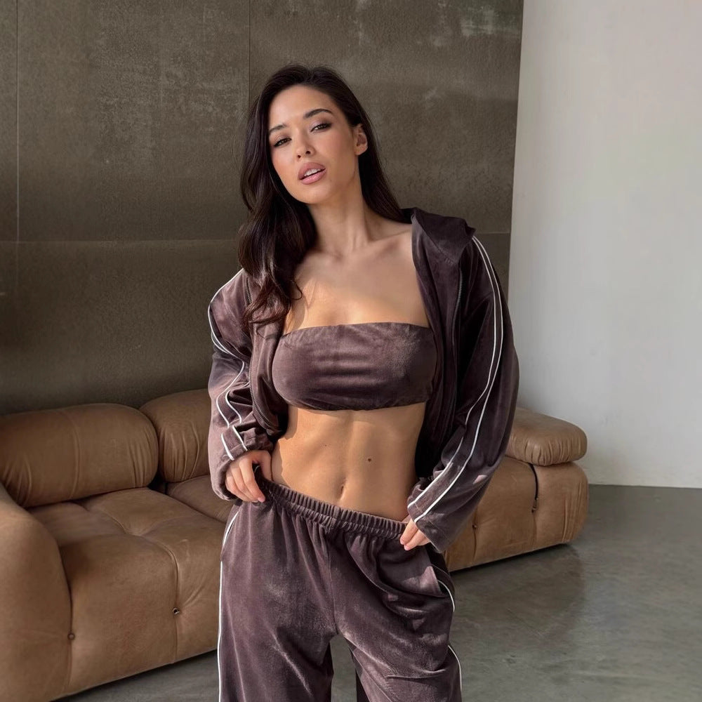 Damen Velours-Loungewear-Set Cropped Oberteil Weite Hose Beige - Norvielle