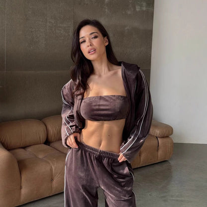 Damen Velours-Loungewear-Set Cropped Oberteil Weite Hose Beige - Norvielle