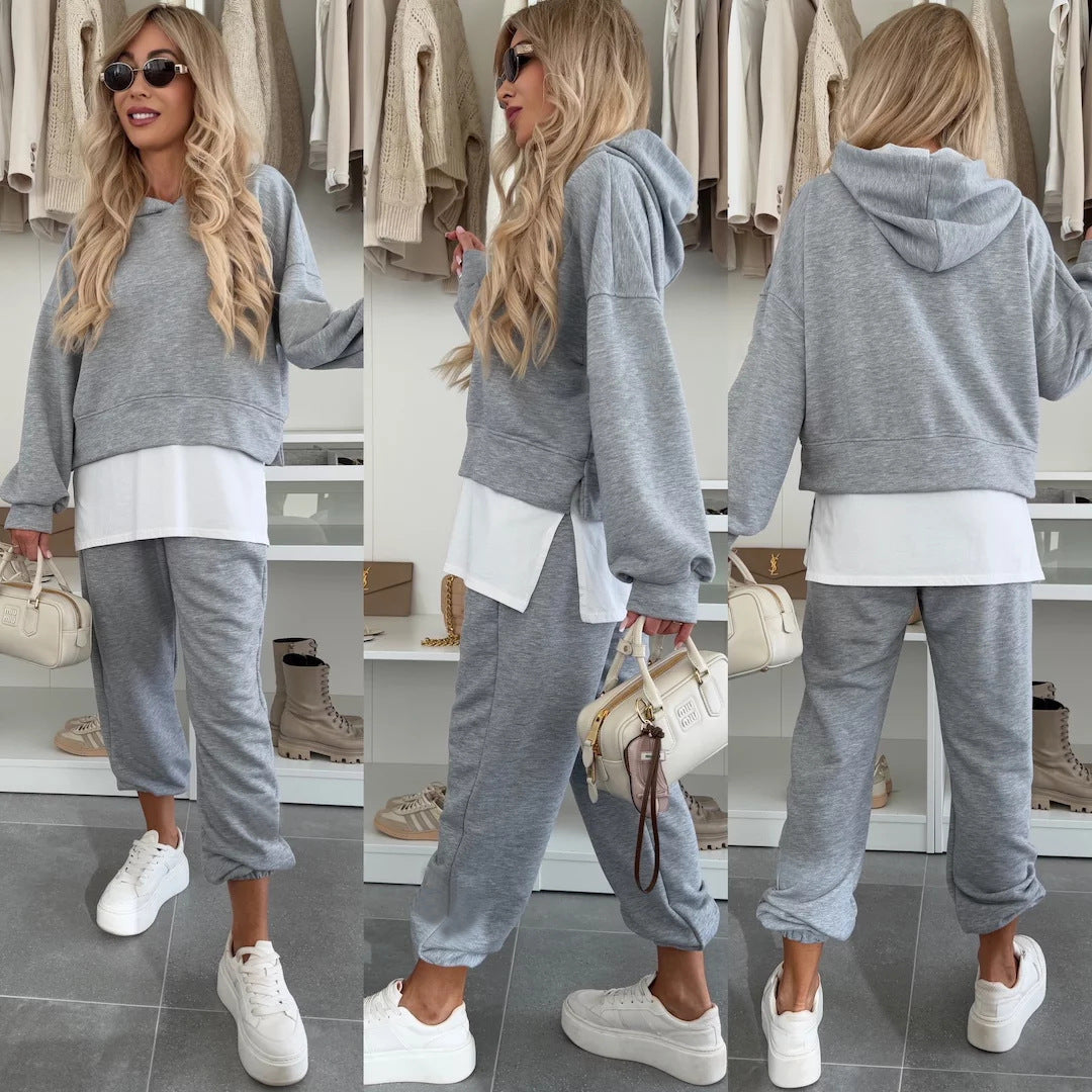 Damen Freizeitanzug Kurz Hoodie Jogginghose Elastisch Grau - Norvielle