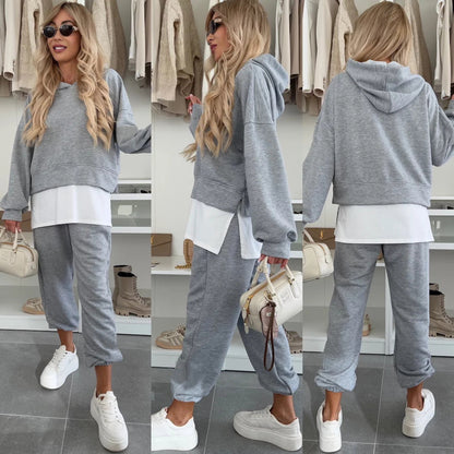 Damen Freizeitanzug Kurz Hoodie Jogginghose Elastisch Grau - Norvielle