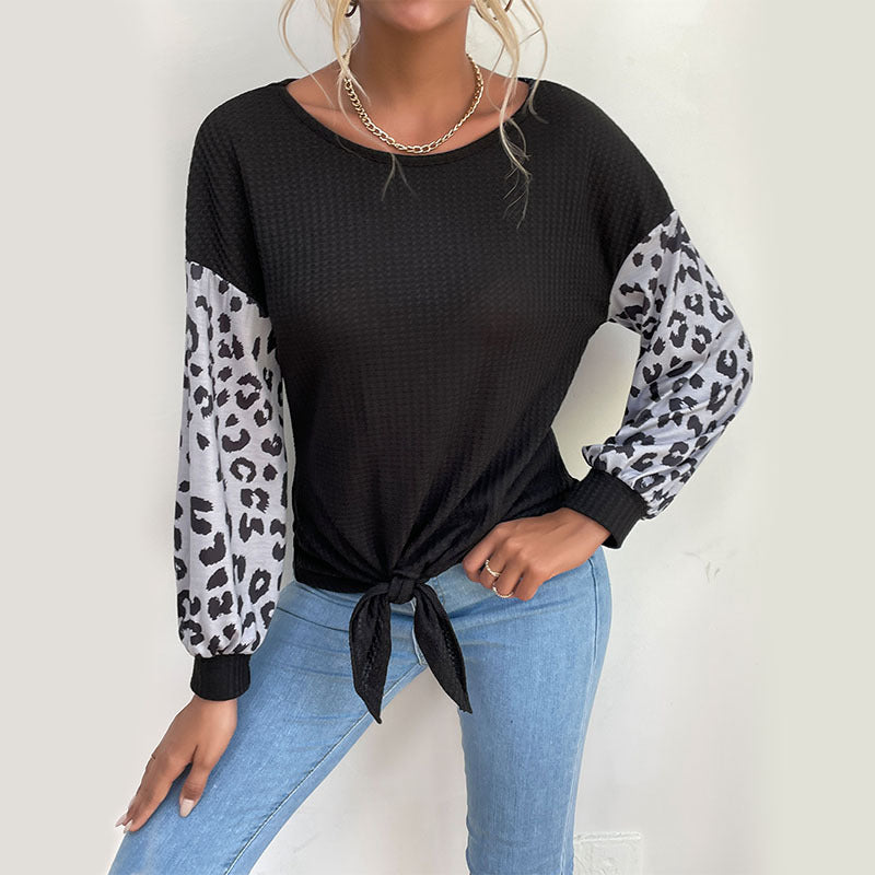 Damen Langarmshirt mit Knoten-Detail Tiermuster Ärmel Norvielle