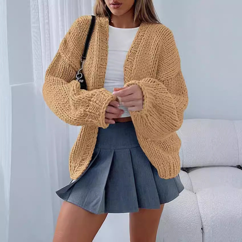 Damen Strick-Cardigan Weich Voluminöse Ärmel Offene Front Beige