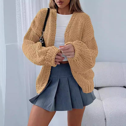 Damen Strick-Cardigan Weich Voluminöse Ärmel Offene Front Beige