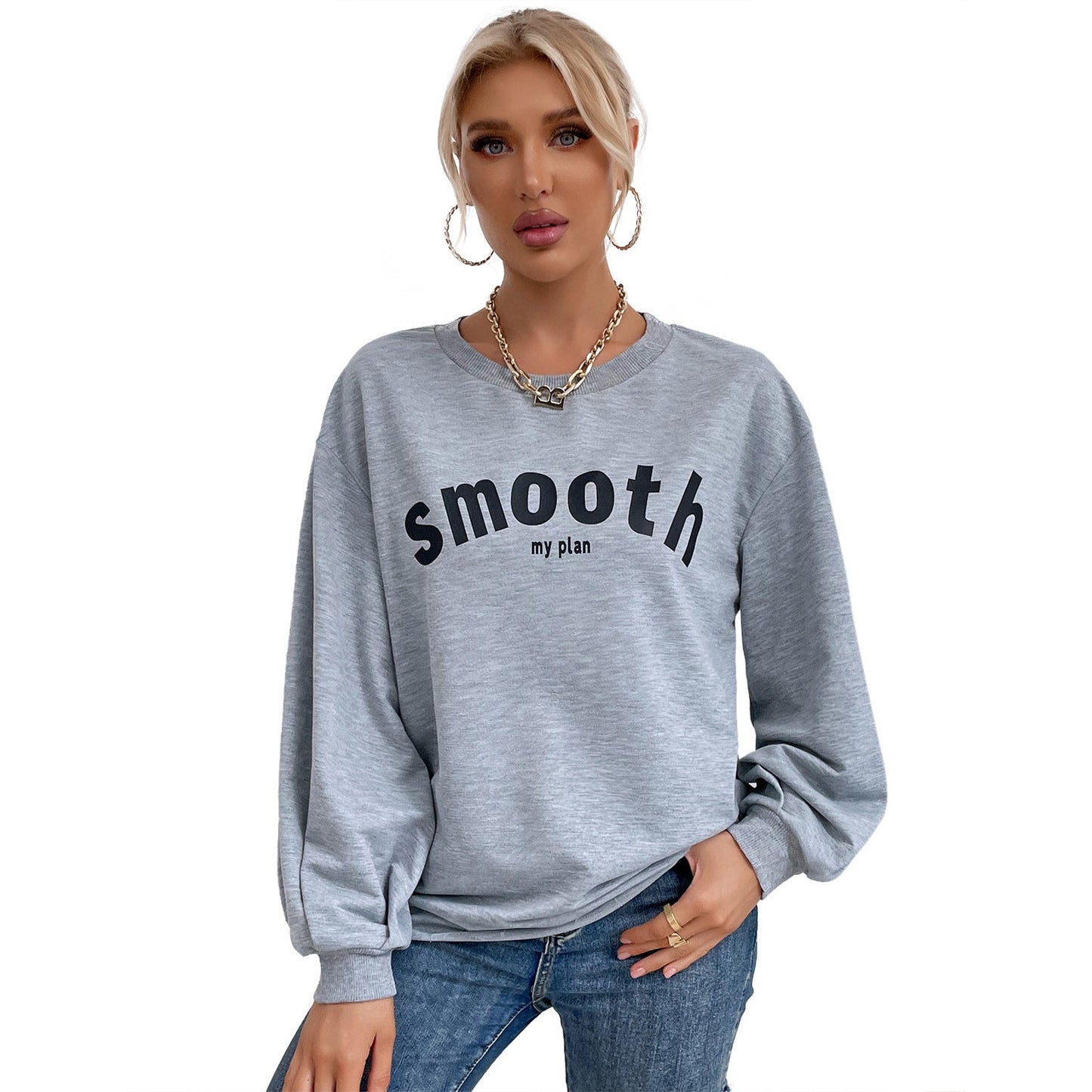 Damen Sweatshirt Puffärmel Schriftzug Grau