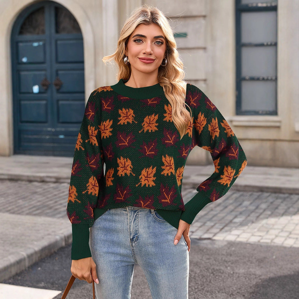 Damen Strickpullover Herbstblätter Design Norvielle