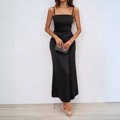 Damen Satin Maxikleid mit hohem Beinschlitz und Spaghettiträgern