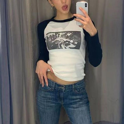 Damen Langarmshirt Kreatives Grafikdesign Baumwolle Weiß - Norvielle