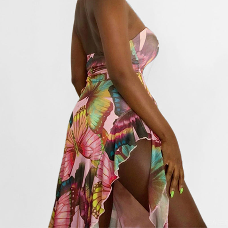 Damen Strandkleid Asymmetrisch Bunt Schmetterlingsmuster
