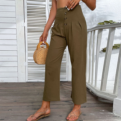 Damen Hochwaisted Hosen Knopfdetail Faltenwurf