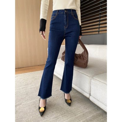 Damen High-Waist Flare Jeans mit Fransen Schwarz Norvielle - Norvielle
