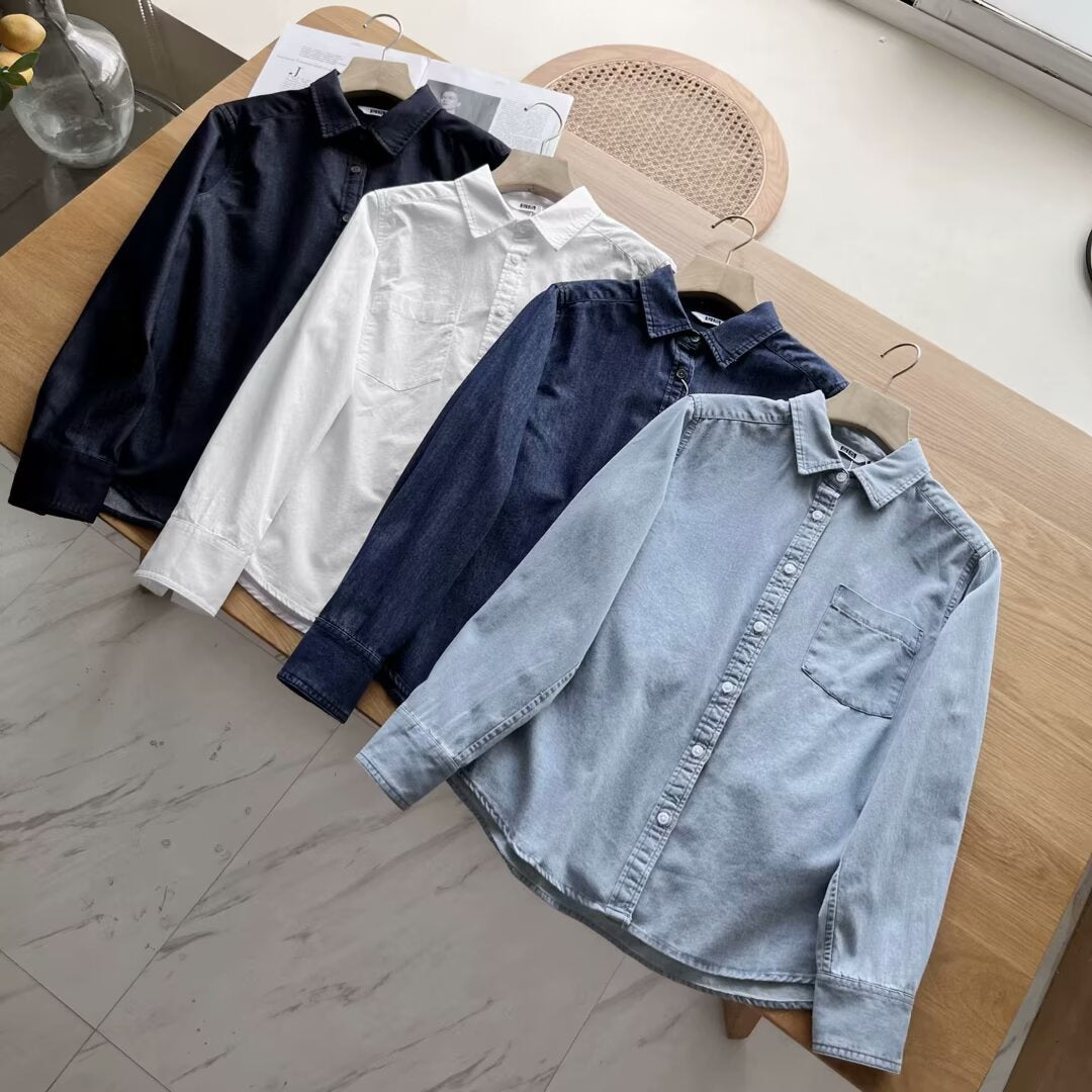 Damen Langarmhemd mit Brusttasche aus Baumwolle Norvielle