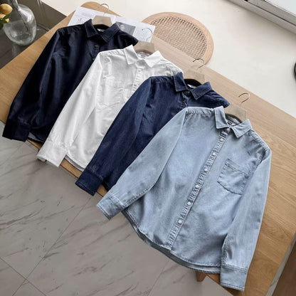 Damen Langarmhemd mit Brusttasche aus Baumwolle Norvielle