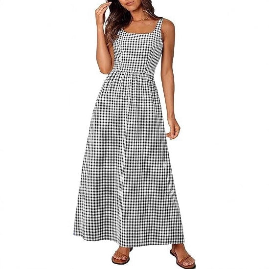 Damen Maxikleid Karomuster Elastisch Verstellbare Träger Norvielle