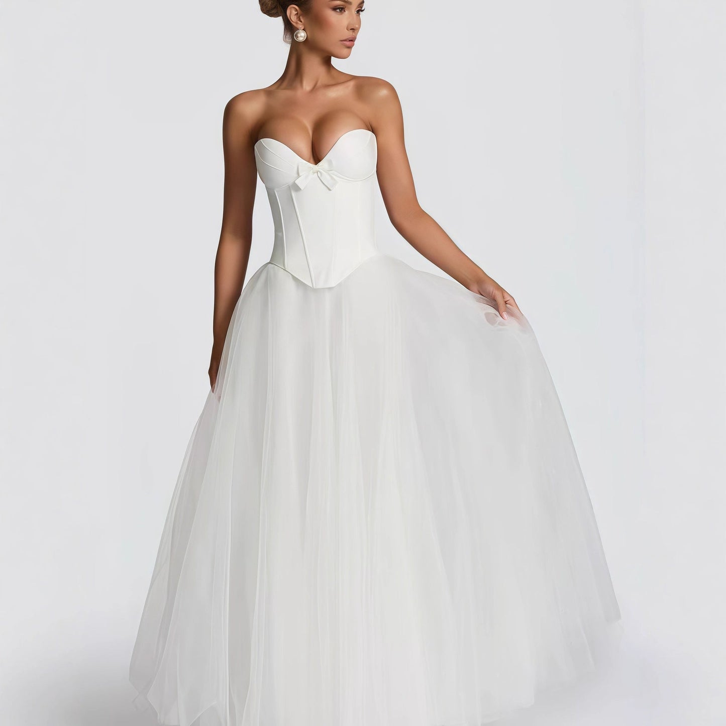 Damen Brautkleid Tiefdekolleté Volumöser Tüllrock Weiß