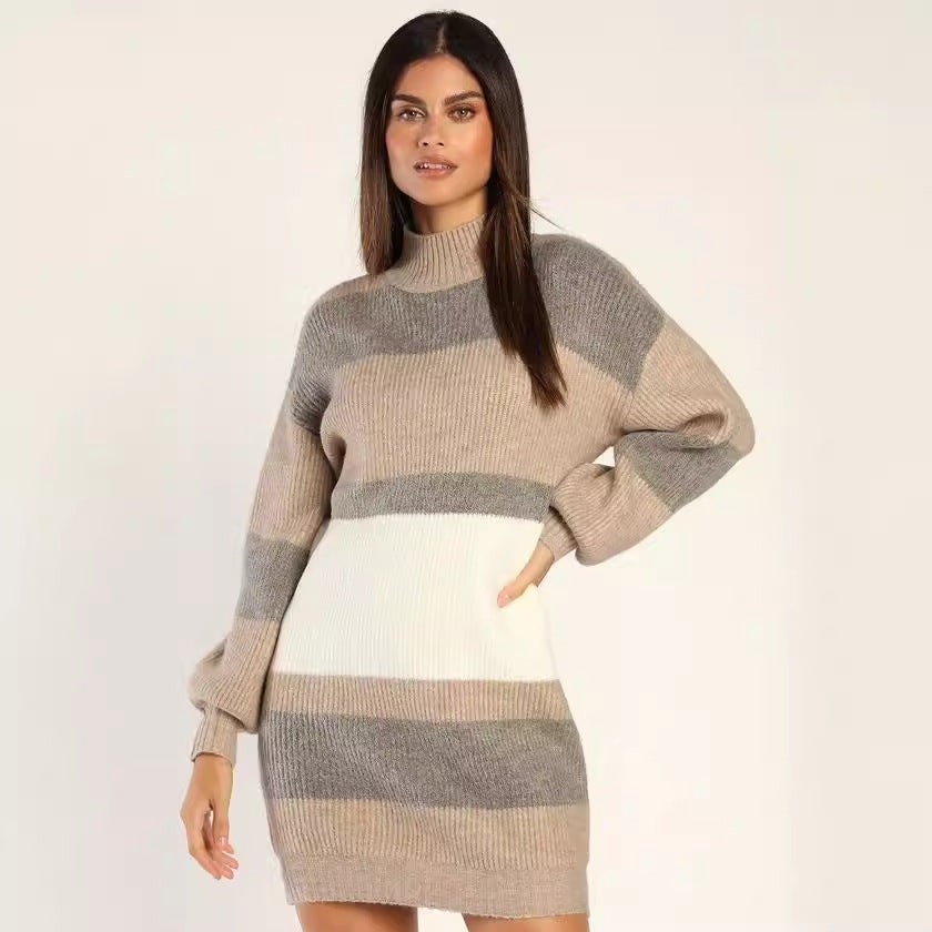 Damen Strickkleid Rollkragen Streifenmuster Norvielle - Norvielle