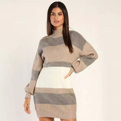 Damen Strickkleid Rollkragen Streifenmuster Norvielle - Norvielle