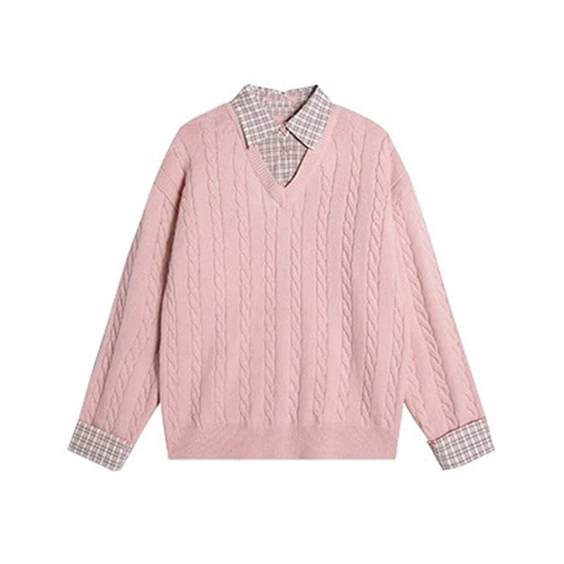 Damen Grobstrickpullover Zopfmuster V-Ausschnitt Norvielle