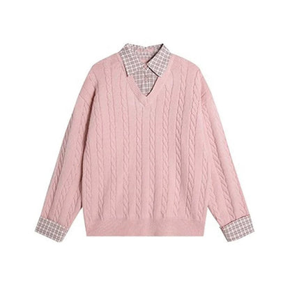 Damen Grobstrickpullover Zopfmuster V-Ausschnitt Norvielle